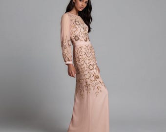 Peach Tulle Bridesmaid Dress, Modest A Line Maxi with Long Sleeves for Wedding Ceremony