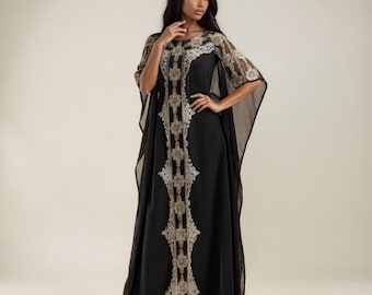 Black Luxury Kaftan Dress Modest Evening Maxi Gown Handmade Boho Arabic Wedding Dress