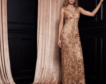 1920s Gatsby Dress, Rose Gold Beaded Evening Gown, Art Deco Flapper Party Outfit, Vintage Style