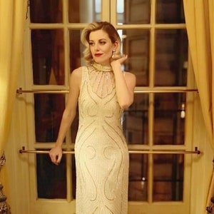 1920s Great Gatsby Dress, Off White 20s Vintage Style Wedding Dress, Downton Abbey Bridesmaid Gown, Evening Formal Gown, Charleston Flapper image 3