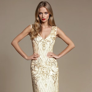 Angie Gold 1920er Jahre Flapper Kleid | Pailletten Gatsby Art Deco Kleid | Vintage Style Abendkleid für Hochzeitsgast, Abschlussball und Party | Übergröße
