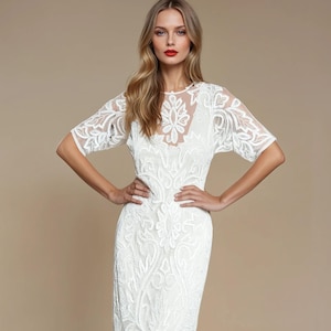 Lilly – Witte Gatsby-trouwjurk uit de jaren 1920 | Art-deco zeemeerminjurk met flap | Vintage-geïnspireerde bruidsjurk uit de jaren 20 | Downton Abbey-jurk