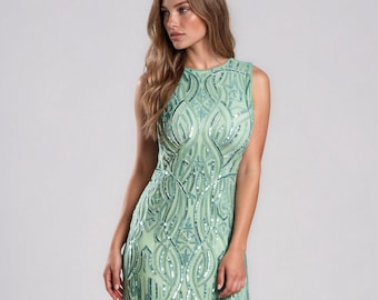 Clara Lime Green 1920s Gatsby Flapper Dress, Art Deco Beaded Evening Gown, Vintage Wedding Guest