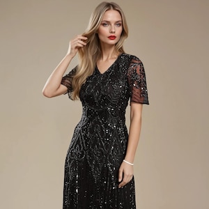 Elegant Black 1920s Gatsby Dress With Sleeves | Vintage Inspired Art Deco Wedding Guest Dress | Downton Abbey Evening Gown | 1920s Dress