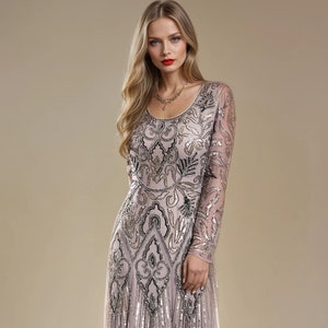 Isabella Plus Size 1920s Dress In Grey, Gatsby Dress With Sleeves, Downton Abbey, Modest Dress, Evening Dress, Art Deco Sequin Flapper Gown
