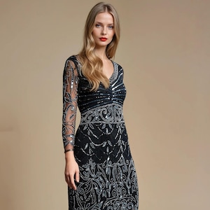 Schwarzes 20er Jahre Flapper Kleid mit Ärmeln – Gatsby Fringe Party Kleid, Vintage Art Deco Style, Hochzeitsgast der 20er Jahre oder Downton Abbél