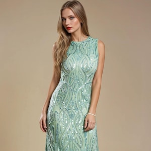Clara 1920s Great Gatsby Dress – Art Deco Sequin Evening Gown | Vintage Inspired Party Dress | Green Wedding Guest Outfit | Jazz Age Style