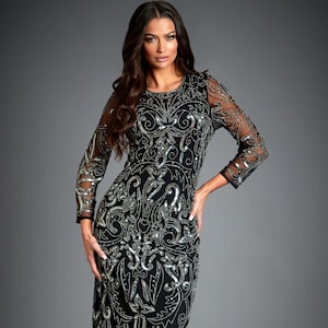 Fiona Black 1920s Gatsby Dress, Prom Dress, Beaded Dress, Downton Abbey Dress, Long Sleeve Evening Dress, 1920s Dress, Formal Modest Dress