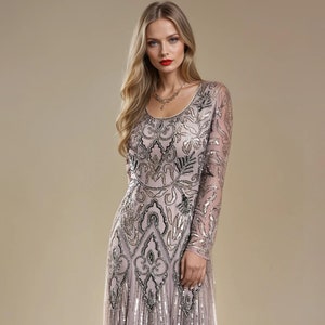 Isabella Grey 1920s Dress – Gatsby Dress with Sleeves, Modest Sparkling Wedding Gown, Art Deco Evening Dress, Downton Abbey Style, Jazz Age