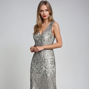 Elegante Gatsby-jurk in grijs, op art deco geïnspireerde jurk van jaren 1920 met pailletten en kralen, thema-avondjurk voor bruiloftsevenementen, S-3X