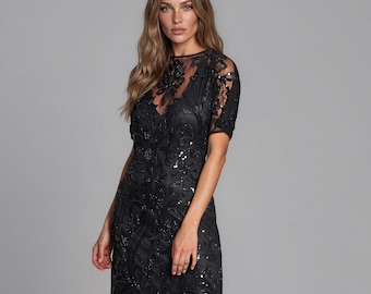Black 1920s Gatsby Dress, Beaded Art Deco Evening Gown with Sleeves, Mother of the Bride Wedding Guest