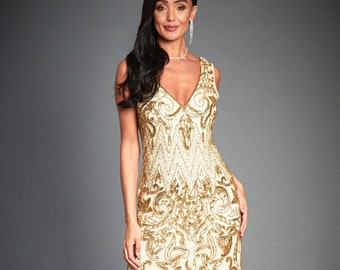 Angie Gold Flapper Dress 1920s Great Gatsby Inspired Art Deco