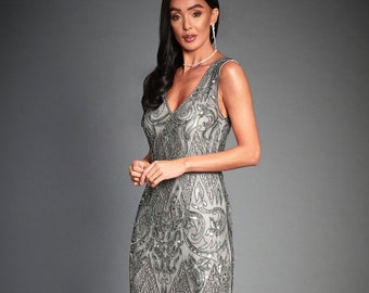 Angie Grey Gatsby Dress, Charleston Dress, Downton Abbey, Formal Wedding Reception, Art Deco Evening Dress, Bridesmaid Flapper Prom Dress