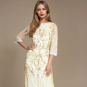 Gold 1920s Gatsby Dress with Sleeves | Art Deco Beaded Flapper Gown | Vintage-Inspired Bridesmaid Wedding Guest Dress | Downton Abbey Style