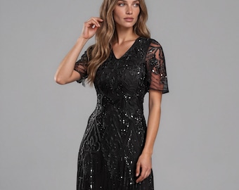 Black 1920s Gatsby Wedding Guest Dress, Sequin Art Deco Short Sleeve Evening Formal Gown