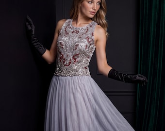 Frida Gatsby Embellished Halter Backless Tulle Midi Dress, Sequin Evening Party Cocktail Dress