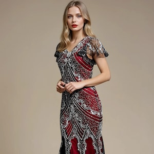 Sophia Vine Red 1920s Gatsby Dress | Art Deco Beaded Gown | Vintage-Inspired Prom, Wedding, Bridesmaid or Evening Dress | Plus Size Dress
