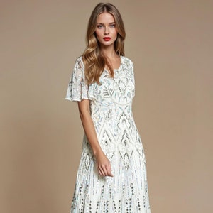 Vestido de Noiva Isabella Gatsby – Vestido de Noiva Inspirado no Vintage dos Anos 20 com Lantejoulas | Vestido de Noiva Branco Art Déco | Moda Noiva dos Loucos Anos 20