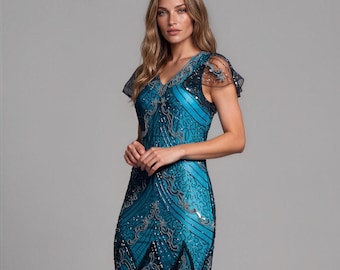 Teal 1920s Gatsby Flapper Dress, Beaded Flutter Sleeve Evening Gown, Wedding Guest Plus Size