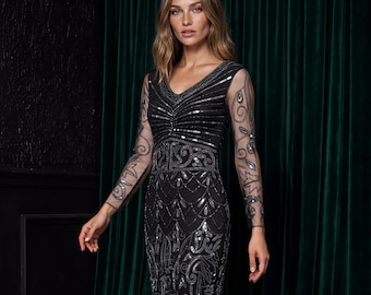 Black 1920s Flapper Dress, Beaded Gatsby Fringe Art Deco Evening Gown, Roaring 20s Wedding Guest