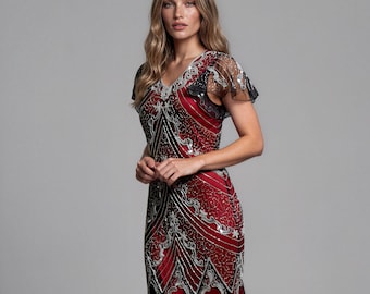 Wine Red 1920s Gatsby Dress, Beaded Art Deco Flutter Sleeve Mermaid Gown, Plus Size Wedding Guest