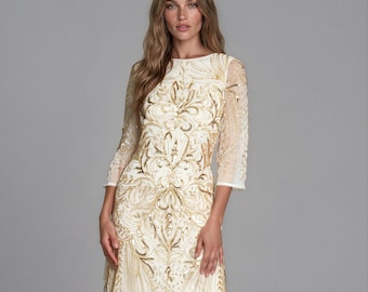 Gold Gatsby Dress, Long Sleeve Beaded 1920s Art Deco Gown, Modest Mother of the Bride Wedding Guest
