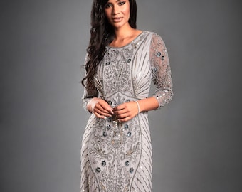 Grey Gatsby Dress, 1920s Art Deco Sequin Beaded Long Sleeve Evening Modest Gown