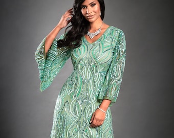 Clara Green Gatsby Style, 1920s Art Deco Dress with Flared Sleeves, Vintage Roaring Twenties