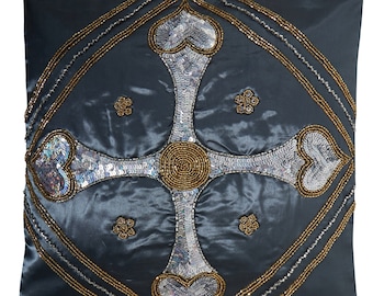 Love Metallic Grey Embellished Cross Pillow Cushion Cover, Hand Made