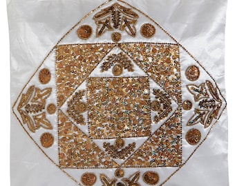 Dolly Gold Sequin Embellished White Satin Pillow Cushion Cover, Hand Made