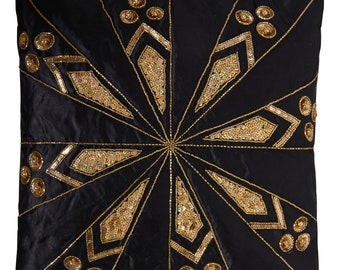 Rays Gold Embellished Black Satin Pillow Cushion Cover, Hand Made