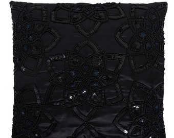 Kara Black Embellished Crushed Floral Design, Cushion Pillow Cover, Hand Made