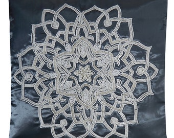 Zuri Metallic Grey Embellished Floral Pillow Cushion Cover, Hand Made
