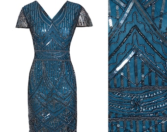 Beaded Flapper Dress In Blue, 1920s Great Gatsby Inspired, Reception Dress, Art Deco Midi Dress, Roaring 20s Party, 1920s Fringe Dress, 3XL