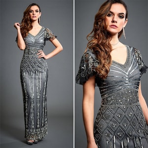 Grey 1920s Dress With Sleeves, Great Gatsby Inspired, Downton Abbey, Sparkling Gatsby Wedding Dress, Beaded Evening Dress, Long Formal Gown