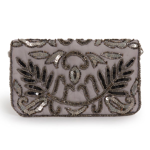 Victoria Beaded Purse, 1920s Great Gatsby Inspired, Light Grey Embellished Purse, Wedding Reception Bag, Art Deco Evening Purse, Handmade