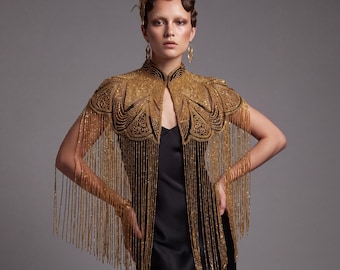 Gold Beaded Fringe Bridal Capelet Wedding Shawl Gatsby Art Deco Evening Cover Up