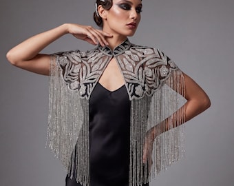 Silver Beaded Cape Gatsby Art Deco Bridal Shawl Wedding Evening Wrap Vintage Inspired
