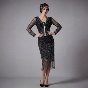 Black Vintage Style Sequin Fringe Flapper Dress 1920s Art Deco Evening Gown