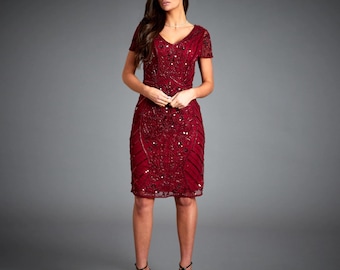 Red Gatsby Flapper Dress, 1920s Sequin Art Deco Short Sleeve Midi Dress for Formal Occasions