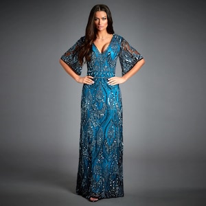 Vestido azul estilo Gatsby para la madre de la novia, estilo art déco de los años 20 con cuentas.