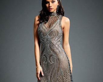 Olivia Embellished 1920s Great Gatsby Inspired, Mocha Wedding Reception Dress, Sleeveless Evening Gown, Bridesmaid Dress, Plus Size S-XXXL