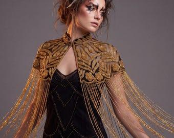 Gold Beaded Gatsby Cape 1920s Art Deco Shawl Gatsby Halloween Cover-Up