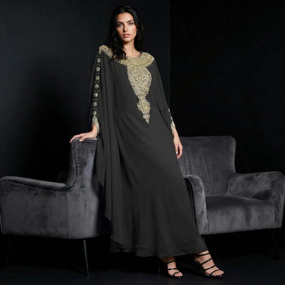Luxury Kaftan Dress in Black, Arabic Goddess Abaya Dress, Handmade Beaded Caftan Dress, Wedding Guest Kaftan, Plus Size Boho Kaftan, S-5xl