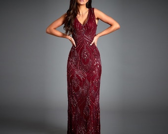 Vintage 1920s Gatsby Dress, Art Deco Sequin Evening Gown, Prom Wedding Guest Plus Size Maxi