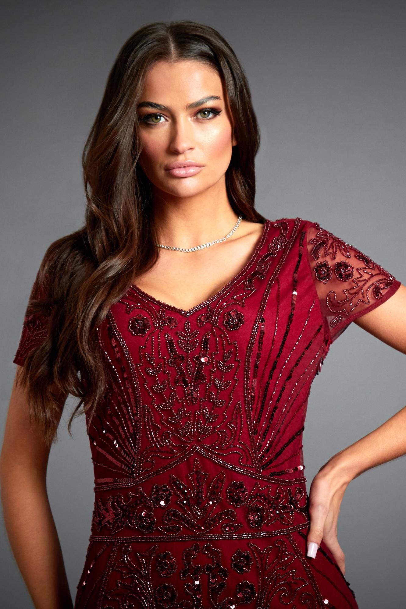 red flapper dress with sleeves Cleo 1920s Flapper Dress