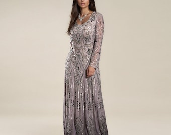 Mist Grey Beaded Mother of Bride Dress Long Sleeve Gatsby Evening Occasion Wear