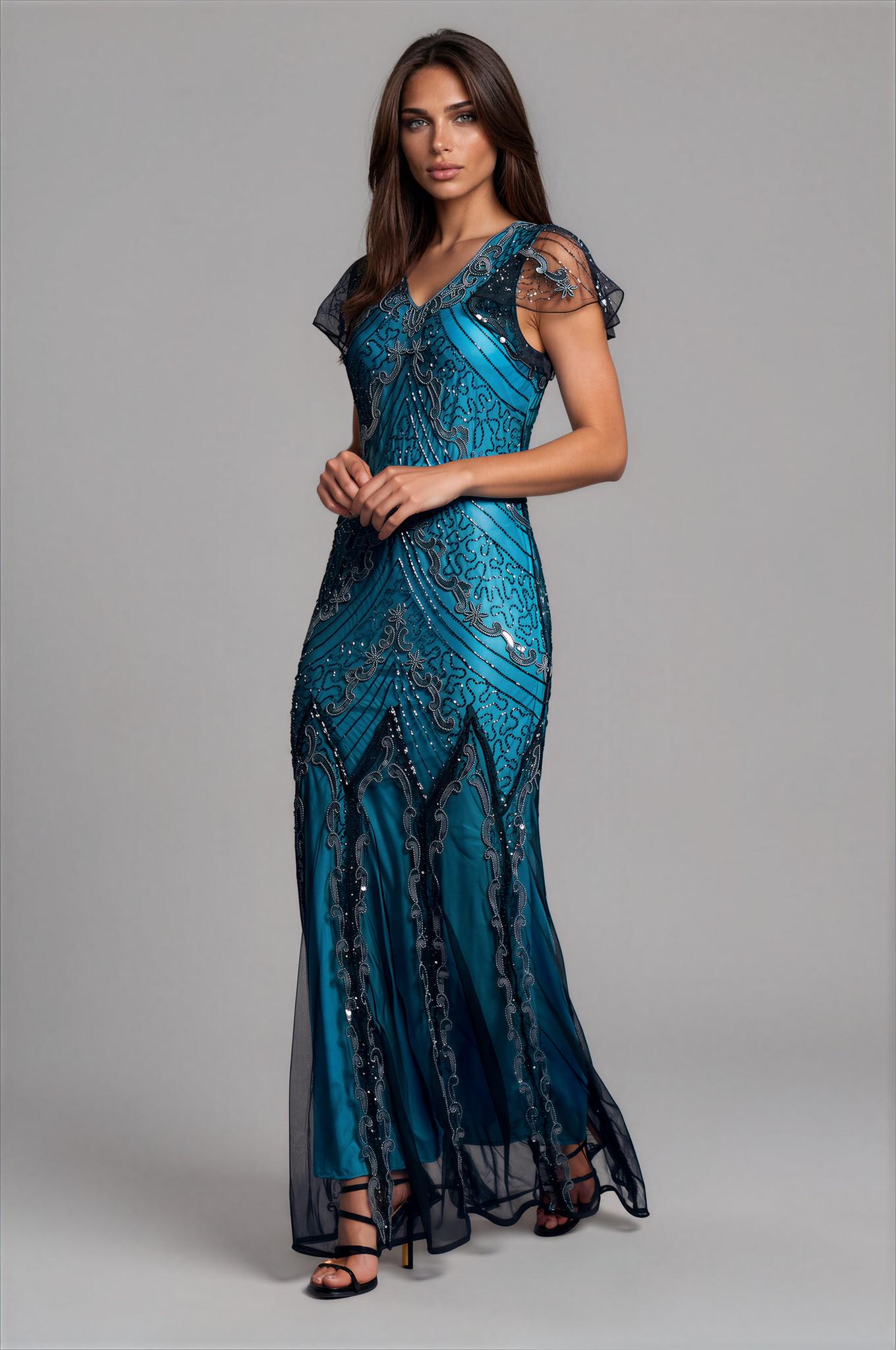 beaded evening dresses inspired by flappers Evelyn Blue Beaded Flapper Dress, 1920s Gatsby Inspired Gown, Formal Evening Wear