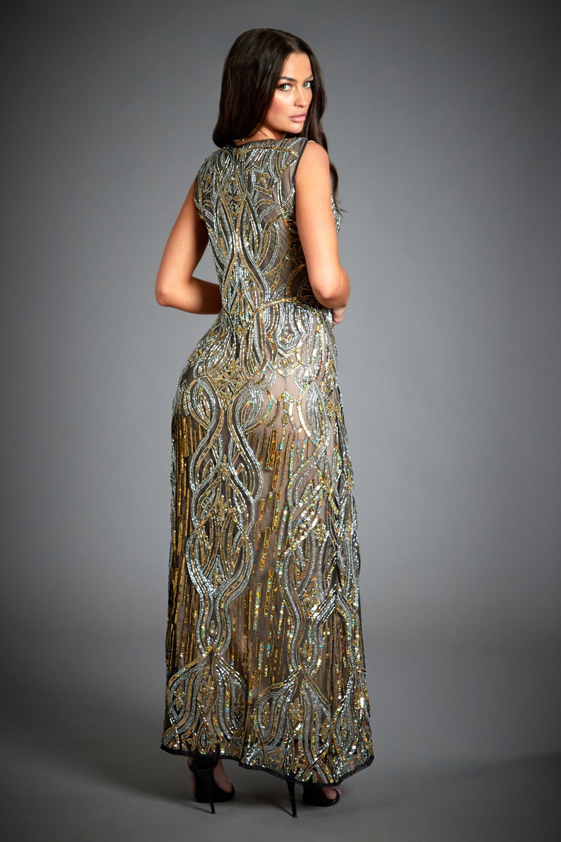 1920s Vintage Inspired Dress In Brown, Maxi Dress, Art Deco, Gatsby Wedding Dress, Downton Abbey, 1920s Cocktail Dress, 1920s Flapper Dress image 3