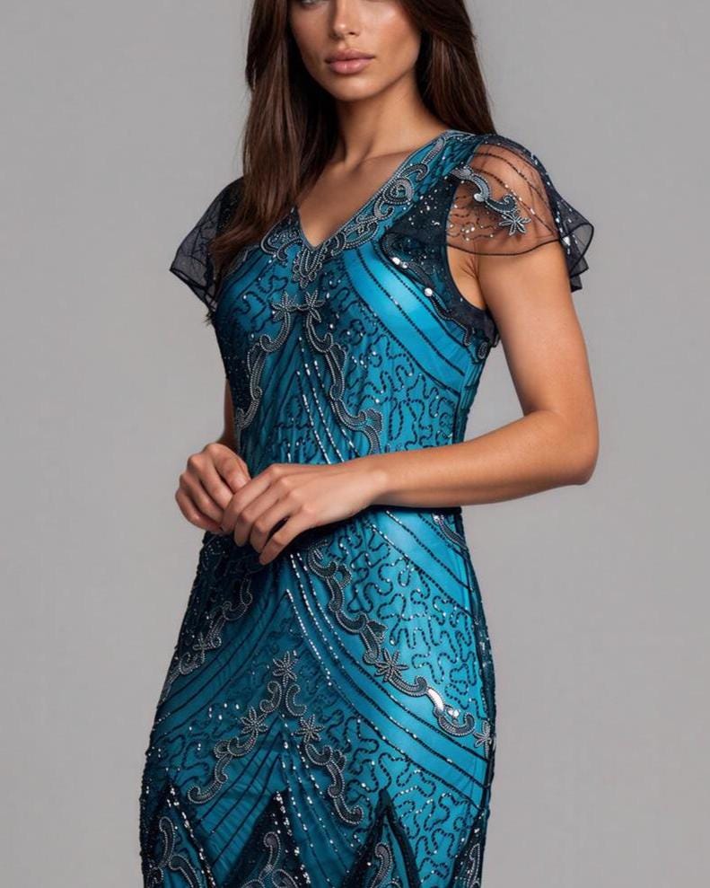 blue beaded flapper dress Blue Sequin Flapper Dress With Shawl & Headband, 1920s Gatsby Costume